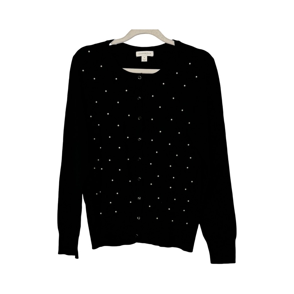 Womens Charter Club Black Cardigan Size Medium Pearl Accents